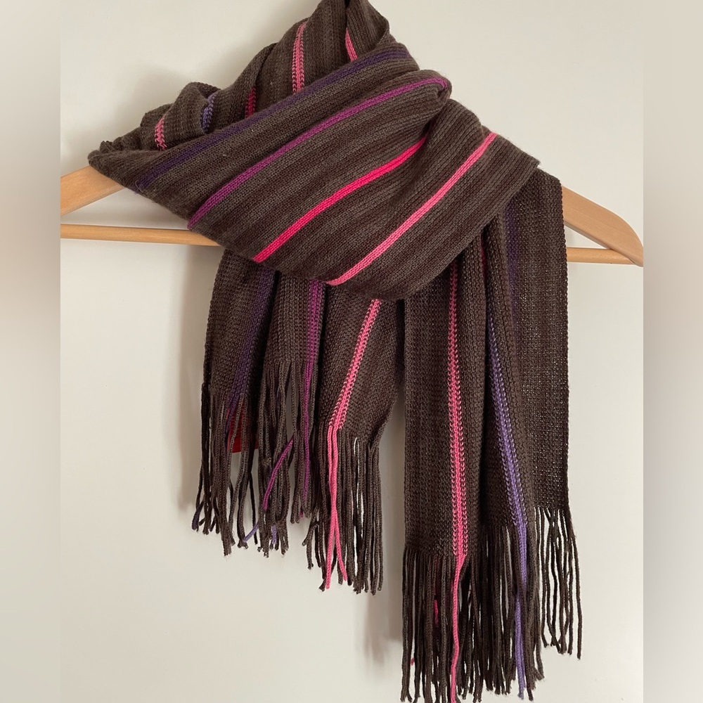 Barbarossa Italy- Wool Scarf Chocolate Brown Pink/Purple Stripes 74” NWT!